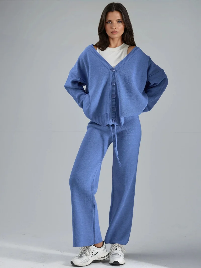MY FASHION V-Neck Cardigan and Wide Leg Pants Knitwear Set
